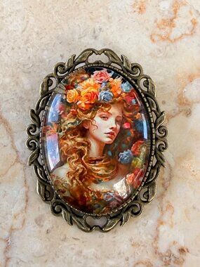 Vintage-Inspired Floral Lady Cameo Brooch In Ornate Antique-Style Metal Frame –